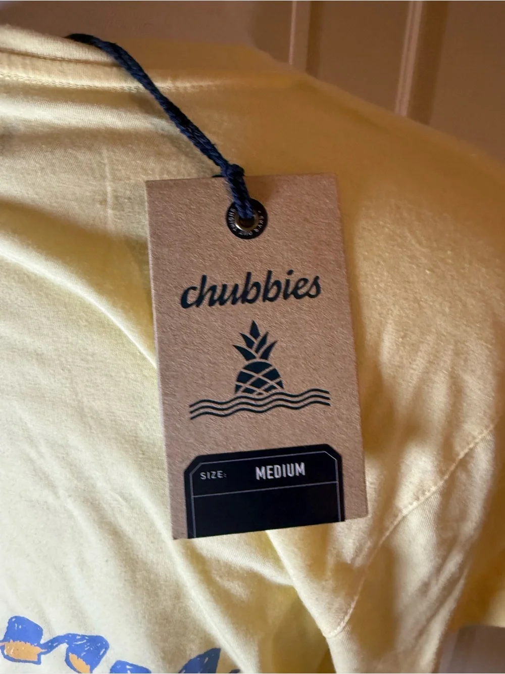 Chubbies Yellow Short Sleeve Tee with Pink & Blue Palm Tree and Golf Logo-Size M